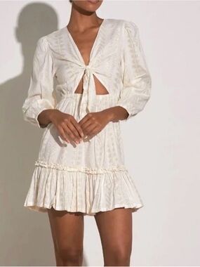 Elan Aria Boho Tie-Front Ruffle Hem Cutout Gold & White Mini Dress Size M